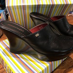 Black Tommy Hilfiger wedge clogs